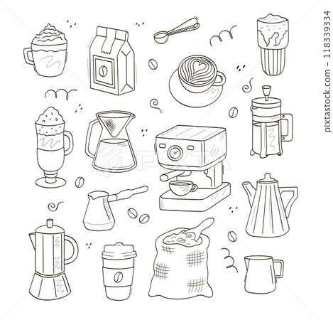 Coffee, coffee pot, coffee machine, bag of beans, latte, cappuccino, glass. A large set of doodle outline icons. Coffee, coffee pot, coffee machine, bag of beans, latte, cappuccino, glass. A large set of doodle outline icons. 118339334