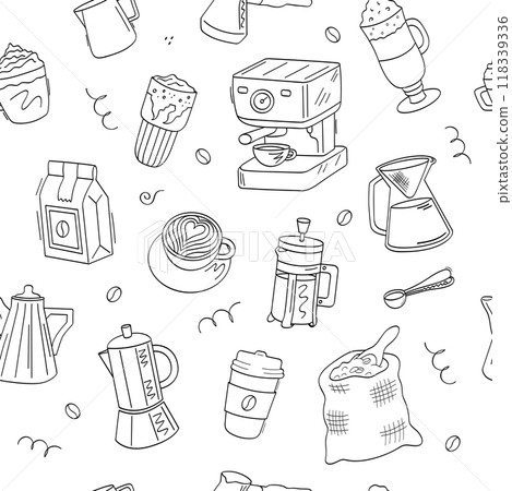 Coffee, cappuccino, pot, coffee machine, bag of beans, latte, glass. Seamless vector pattern of cute doodle icons on a white background. 118339336
