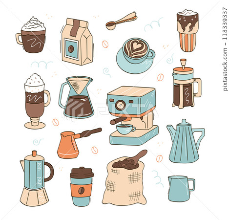 Color set of coffee doodle icons. Coffee, coffee pot, coffee machine, bag of beans, latte, cappuccino, glass. 118339337