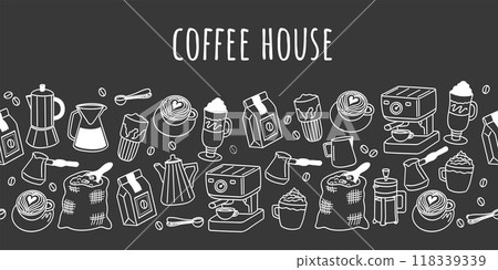Coffee house logo template and seamless border. Cute vector doodle icon set on black background. 118339339