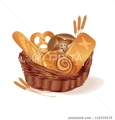 basket with bread. Pretzels, buns, baguette, ciabatta, croissant. Fresh bread from the bakery. Vector illustration on a white background. basket with bread. Pretzels, buns, baguette, ciabatta, croissant. Fresh bread from the bakery. Vector illustration on a white background. 118339378