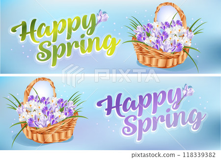Two banners basket with flowers and text happy spring 118339382