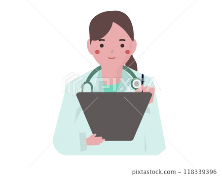 A woman in a white coat writing a medical record. Vector illustration 118339396