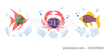 Set of Groovy Sea life lettering in flat style 118339584