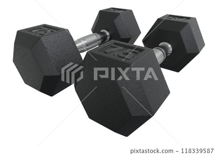 Two Hex Dumbbells with numbers 7.5, weightlifting gym equipment 118339587