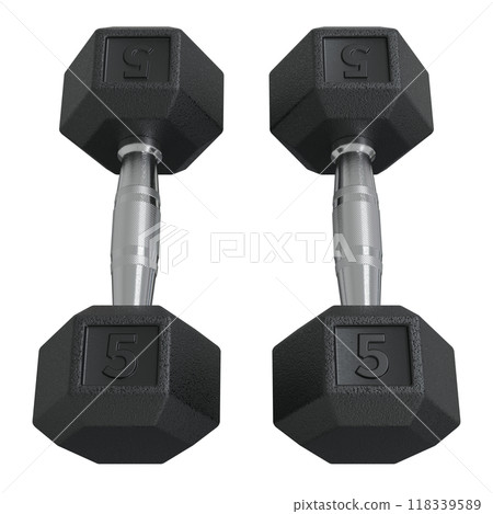 Two Hex Dumbbells with number 5, weightlifting gym equipment Two Hex Dumbbells with number 5, weightlifting gym equipment 118339589