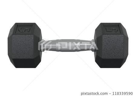 Hex Dumbbell with number 5, weightlifting gym equipment side view Hex Dumbbell with number 5, weightlifting gym equipment side view 118339590