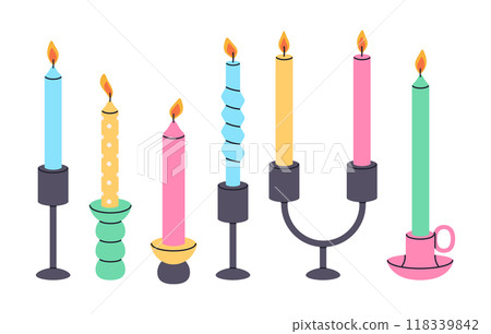 Colorful candles in candlestick. Wax scented candle, cute taper burning candles flat vector illustration set. Aroma multicolored candles on white Colorful candles in candlestick. Wax scented candle, cute taper burning candles flat vector illustration set. Aroma multicolored candles on white 118339842