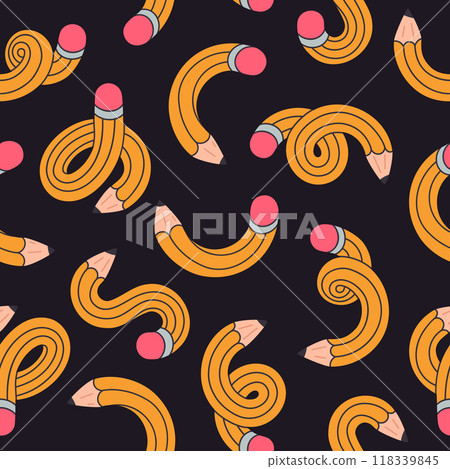 Comic twisted pencils seamless pattern. Twisted funny intertwined pencils endless design, cute school supplies flat vector background illustration. Curved pencils pattern 118339845