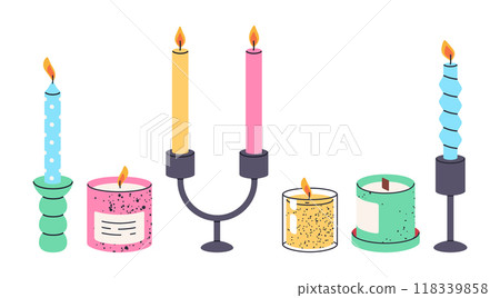 Wax scented candles. Cute colorful candles in candlestick, taper burning candles flat vector illustration set. Aroma taper candles on white 118339858