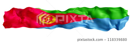Stylized flag of Eritrea waving in the wind, isolated on white background. Footer, header or divider. Cut out wide, panoramic element. Banner for patriotic themes or national event promotions. 3D. 118339880