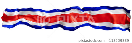Stylized flag of Costa Rica waving in the wind, isolated on white background. Footer, header or divider. Cut out wide, panoramic element. Banner for patriotic themes or national event promotions. 3D. 118339889