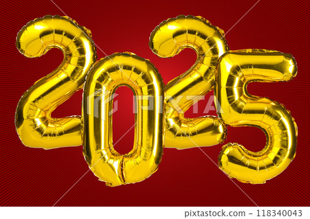 New Year 2025 celebration. Golden Yellow foil color balloons. 2025 balloons. On red background. 118340043