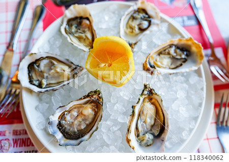 A Stunning Close-up of Fresh Raw Oysters on Ice with Lemon Wedge for a Culinary Experience 118340062