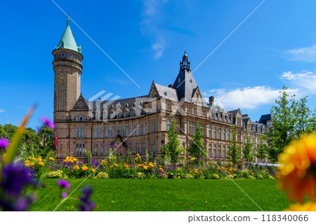 Luxembourg Imposing European City Hall building with a beautiful flower garden Luxembourg Imposing European City Hall building with a beautiful flower garden 118340066
