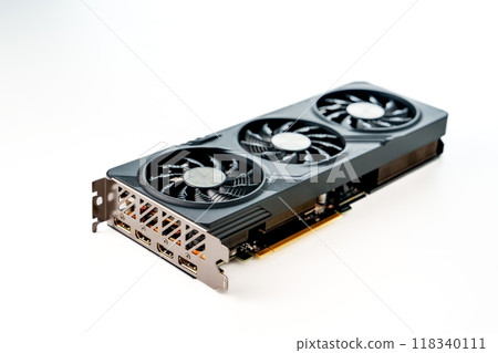 Black and gray graphics processing unit with three black fans isolated on white background 118340111