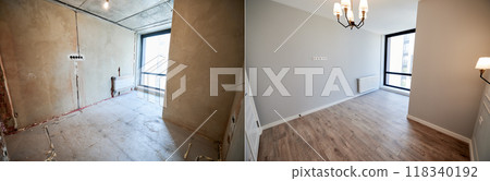 Comparison of living room with large panoramic window before and after renovation. Photo collage of old apartment before restoration and new renovated flat with elegant interior design. 118340192