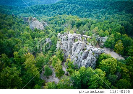Aerial view of rock formations surrounded by dense, lush green forests. Contrast between rocky textures and vibrant greenery creates natural landscape. Dovbush Rocks, Carpathian mountains, Ukraine. 118340196