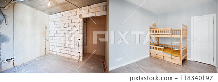 Comparison of children room with wooden bunk bed before and after restoration. Old apartment room with brick wall and new renovated flat with parquet floor and kid house bed. Comparison of children room with wooden bunk bed before and after restoration. Old apartment room with brick wall and new renovated flat with parquet floor and kid house bed. 118340197