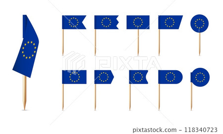 European toothpick flags. European Union flag souvenir, Wooden toothpicks with paper EU flag mockup. Europe sign vector set European toothpick flags. European Union flag souvenir, Wooden toothpicks with paper EU flag mockup. Europe sign vector set 118340723