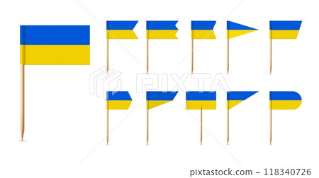 Ukrainian toothpick flags. Wooden toothpicks with paper Ukrainian yellow blue flag. Ukraine support symbol. 3D realistic map pointer. Vector set Ukrainian toothpick flags. Wooden toothpicks with paper Ukrainian yellow blue flag. Ukraine support symbol. 3D realistic map pointer. Vector set 118340726