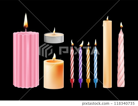 Realistic 3d candles. Burning decorative aromatic paraffin wax candles, birthday cake colorful twisted candle isolated on black background. Vector set 118340735