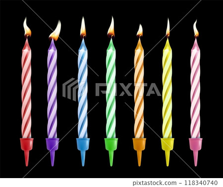 Realistic birthday striped candles with flame. Burning birthday party cake candles. Candlelight 3d realistic for anniversary celebration vector set 118340740