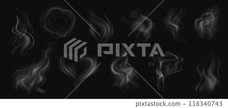 Realistic smoke. White steam, smoke from hot food or tea, coffee and cigarette or hookah steam trail in ring and heart shape isolated on transparent background. Vector set 118340743