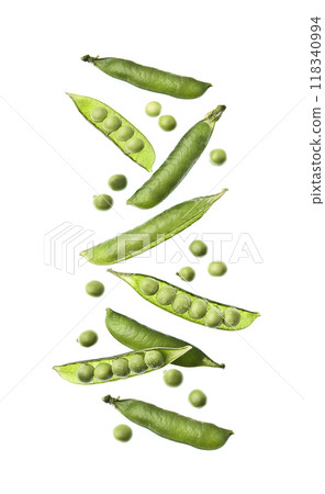 Fly in air on green pods peas on white backgrounds 118340994