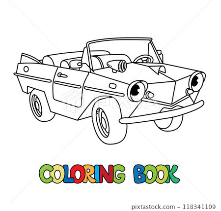 Funny small retro car with eyes. Coloring book Funny small retro car with eyes. Coloring book 118341109