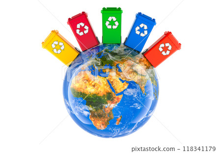 Recycling trash cans on the Earth Globe, 3D rendering Recycling trash cans on the Earth Globe, 3D rendering 118341179