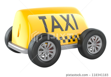 Taxi service concept. Taxi car signboard with wheels. 3D rendering Taxi service concept. Taxi car signboard with wheels. 3D rendering 118341183