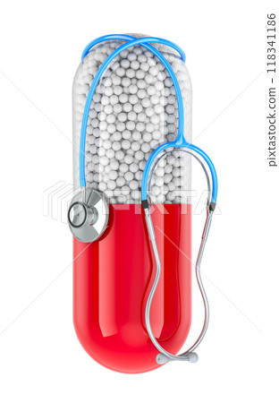 Medicament capsule with stethoscope. 3D rendering Medicament capsule with stethoscope. 3D rendering 118341186