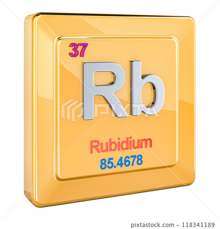 Rubidium Rb, chemical element sign with number 37 in periodic table. 3D rendering 118341189