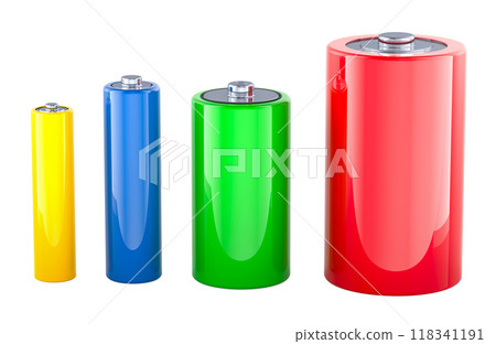 Set of Batteries, different types and sizes. 3D rendering Set of Batteries, different types and sizes. 3D rendering 118341191