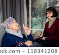 Compassionate dialogue unfolds as social worker documents elderly client's needs in tranquil home visit. 118341208