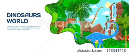 Prehistoric dinosaurs in paper cut banner, Jurassic giant lizard characters, vector background. Kids dino park or paleontology museum and dinosaurs world banner with funny T-rex tyrannosaurus Prehistoric dinosaurs in paper cut banner, Jurassic giant lizard characters, vector background. Kids dino park or paleontology museum and dinosaurs world banner with funny T-rex tyrannosaurus 118341218
