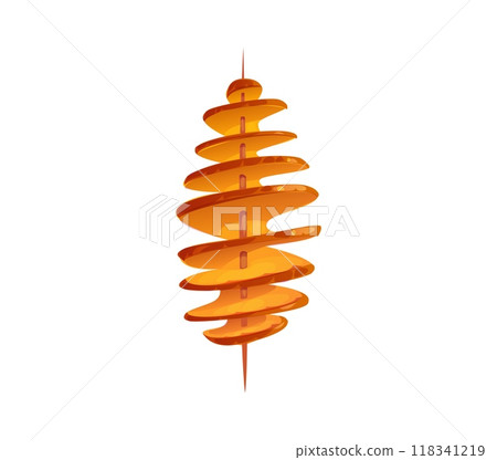 Cartoon tornado potato spiral fast food meal. Isolated vector street food snack. Twisted potato fries, baked or fried vegetable on stick. Spicy crispy chips on wood skewer, fastfood cafe menu dish Cartoon tornado potato spiral fast food meal. Isolated vector street food snack. Twisted potato fries, baked or fried vegetable on stick. Spicy crispy chips on wood skewer, fastfood cafe menu dish 118341219