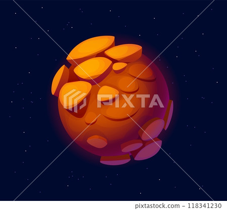 Cartoon fantasy galaxy orange alien space planet with rocky protrusions, glowing softly against a dark, star-filled sky. Vector asteroid with rugged surface, asset for space exploration or sci fi game 118341230