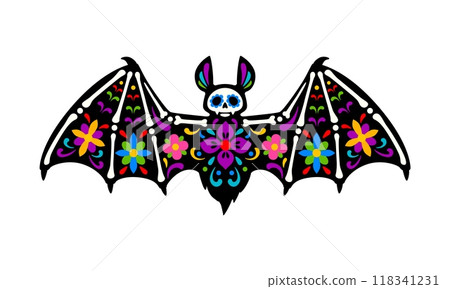 Dead Halloween skeleton, Mexican day of the dead bat animal tattoo sugar skull. Vector flittermouse with outspread wings and floral patterns, symbolizing night, remembrance and cycle of life and death 118341231