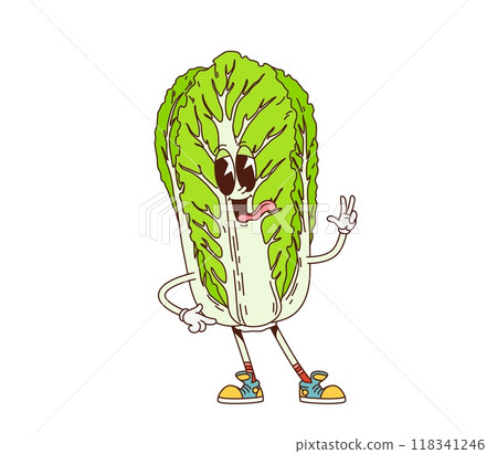 Groovy Chinese cabbage vegetable retro character, vector comic cartoon. Groovy funky Chinese cabbage napa with happy smile on face and silly tongue out with peace sign gesture for groovy food emoji 118341246