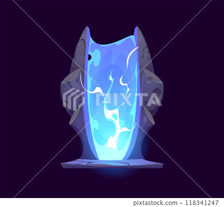 Magic portal door, fantasy stone arch game asset. Vector mysterious, witchcraft or time travel teleport entry with blue swirling plasma energy. Ancient doorway framed by dark rocky arc emits soft glow 118341247