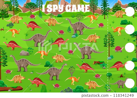 I spy game worksheet with cartoon prehistoric dinosaurs characters in lush, green landscape with trees, bushes and mountains. Vector playful math riddle prompts players to count dino species on page I spy game worksheet with cartoon prehistoric dinosaurs characters in lush, green landscape with trees, bushes and mountains. Vector playful math riddle prompts players to count dino species on page 118341249