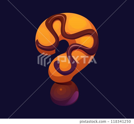 Cartoon question mark as a chocolate cookie, candy and confectionery alphabet, sweets typeface, font, type. Isolated vector typography symbol , glyph or sign as baked biscuit and glossy choco icing Cartoon question mark as a chocolate cookie, candy and confectionery alphabet, sweets typeface, font, type. Isolated vector typography symbol , glyph or sign as baked biscuit and glossy choco icing 118341250