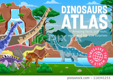 Prehistoric dinosaur encyclopedia book cover with cartoon dino characters, vector background. Kids paleontology book and prehistoric lizards encyclopedia atlas cover with Jurassic era funny dinosaurs Prehistoric dinosaur encyclopedia book cover with cartoon dino characters, vector background. Kids paleontology book and prehistoric lizards encyclopedia atlas cover with Jurassic era funny dinosaurs 118341253