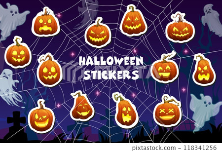 Halloween trick or treat scary pumpkin stickers with boo ghosts, cartoon vector. Halloween holiday stickers for horror night with spooky pumpkin lanterns with monster faces in spiderweb on cemetery 118341256