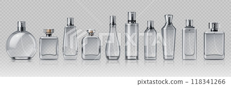 Cosmetic glass bottles with silver elements. Realistic 3d vector transparent cosmetics flasks, stylish and modern sprayer containers for fragrance and scent perfume branding or product presentation Cosmetic glass bottles with silver elements. Realistic 3d vector transparent cosmetics flasks, stylish and modern sprayer containers for fragrance and scent perfume branding or product presentation 118341266