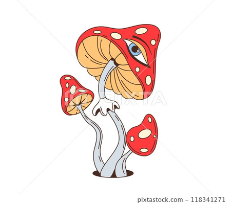 Cartoon retro groovy hippie mushrooms with eyes. Vector psychedelic one-eyed amanita fungus with vibrant red dotted cap and curved stem. Whimsical trippy alien fly agaric plant exuding nostalgic vibe Cartoon retro groovy hippie mushrooms with eyes. Vector psychedelic one-eyed amanita fungus with vibrant red dotted cap and curved stem. Whimsical trippy alien fly agaric plant exuding nostalgic vibe 118341271