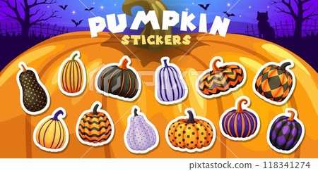 Halloween ornament pumpkins stickers pack set for holiday horror night, cartoon vector. Halloween stickers of painted pumpkins with orange, black and purple pattern ornaments of lines and dots 118341274