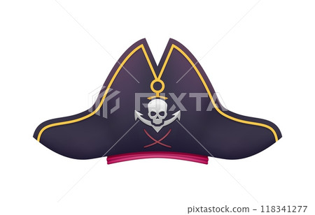 Cartoon pirate hat, corsair captain tricorn. Vector seafarer headdress with jolly roger skull and anchor emblem. Isolated buccaneer cocked hat, headgear, sailor cap. Filibuster piracy party costume 118341277